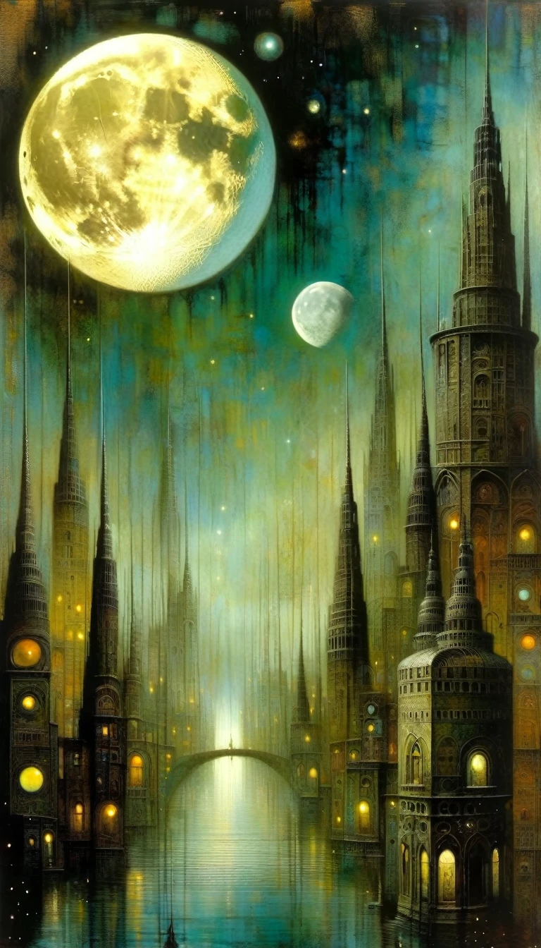 der Mond und die surreale Stadt, Von Dave Mckean inspiriertes Kunstwerk, komplizierte Details, Ölgemälde
