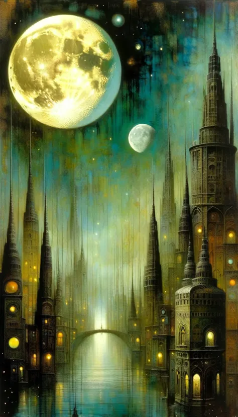 the moon and the surreal city, Artwork inspired by Dave Mckean, intricate details, oil painted
