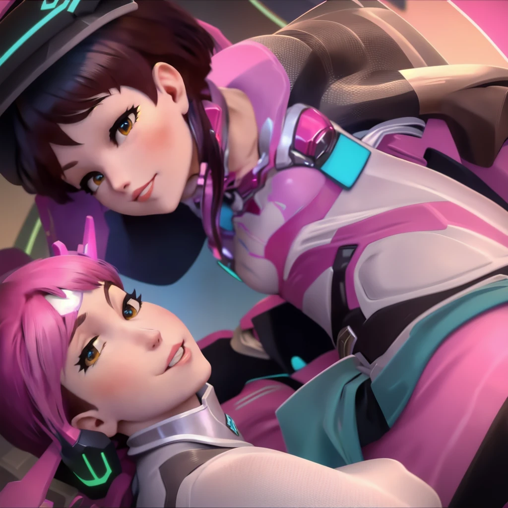 DVA from Overwatch without her mech, a woman with short brown hair in a ponytail,she sits with her legs spread, high quality refelctions, volumetric lighting, she is wearing her classic thin tight figure hugging soft pink white and blue full bodysuit, in her bedroom on her bed, 1 girl solo, cinematic lighting, high resolution, physically-based rendering, 8k, volumetric lighting, hyperrealistic, detailed facial features, masterpiece, full upper body, gaming setup in background, cinematic, she has very small  breasts,  flat  breasts , the focus is on her whole body and the environment, cinematic screenshot, you can see the whole room and her sitting on the bed, the picture has a very soft look at soft textures, cute sleepy smile, her arms are on a game controller, DVA is gaming before sleeping,  woman body, 1 person, soft bodysuit, nsfw