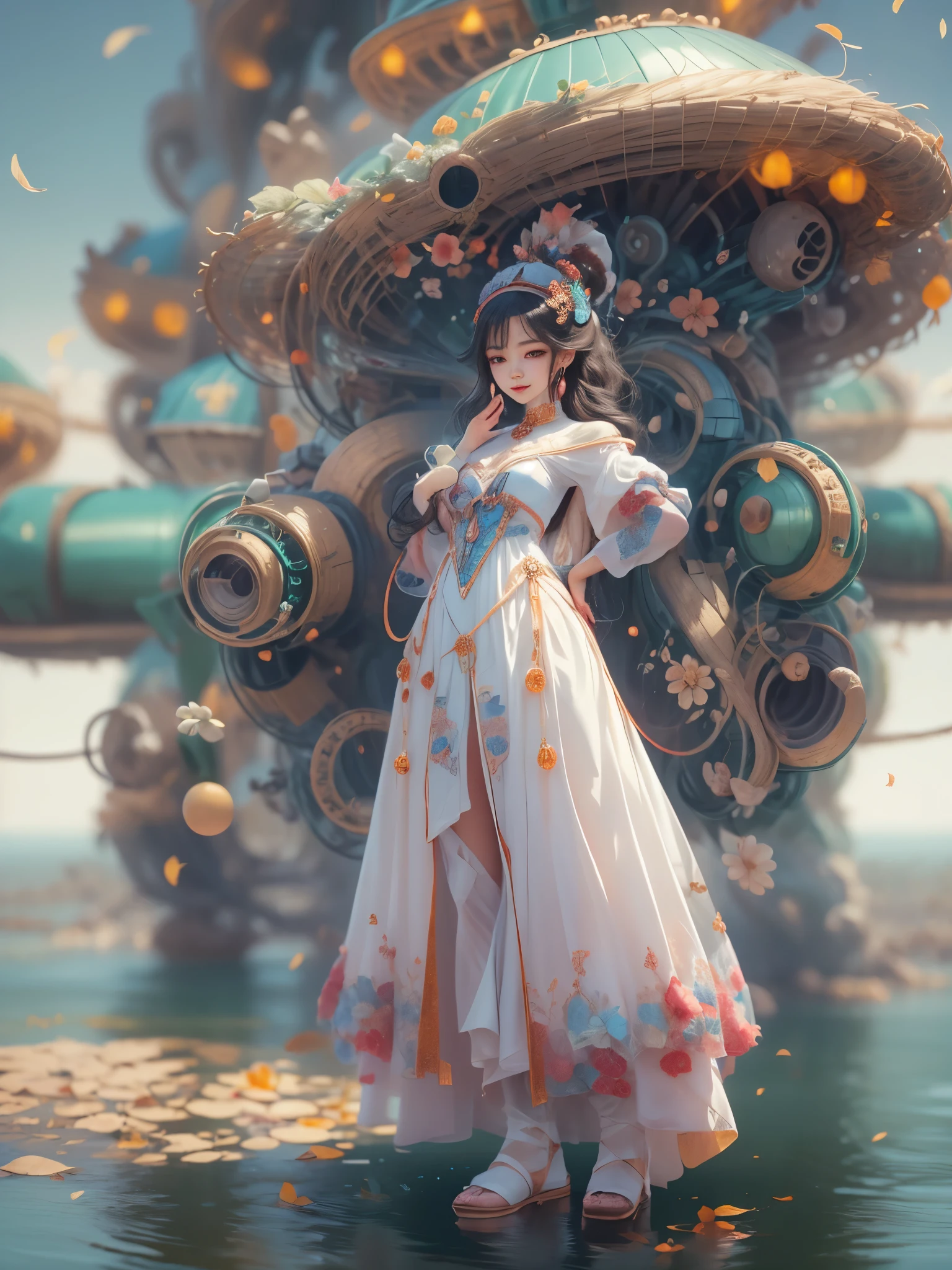 (full-body shot:1.4), Space Art, 1 Cheongsam woman，whole body，Standing，Transparent robotic arm，slim body，Perfect proportions，Exquisite hair accessories，Smile，Transparent mechanical shoes，Oriental elements，(bokeh)，high quality，4K，3d