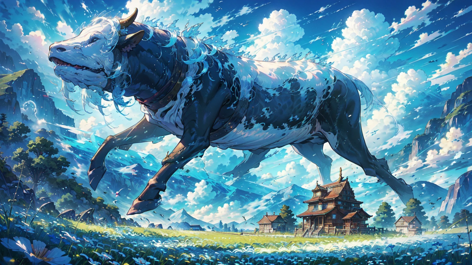 Leviathan Dancing in the Blue Sky,Vision,Calm day, Detailed Clouds, field, Grazing cows, flower, A house far away, fence, wood,well