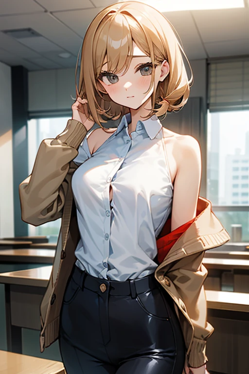 beautiful girl、Office Casual Fashion、ノースリーブのパーカー、チョーカー、ハンドカバー、Tight pants style、slender、Model Body Type、Ideal Style、 Slim and cute、No buttons、Put on a bolero、One off-the-shoulder brown cardigan
