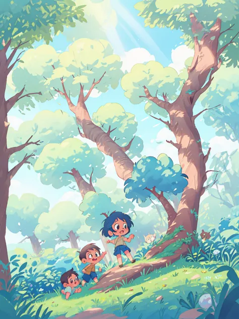 Children playing under the old tree, sunlight, blue sky, digital drawing style