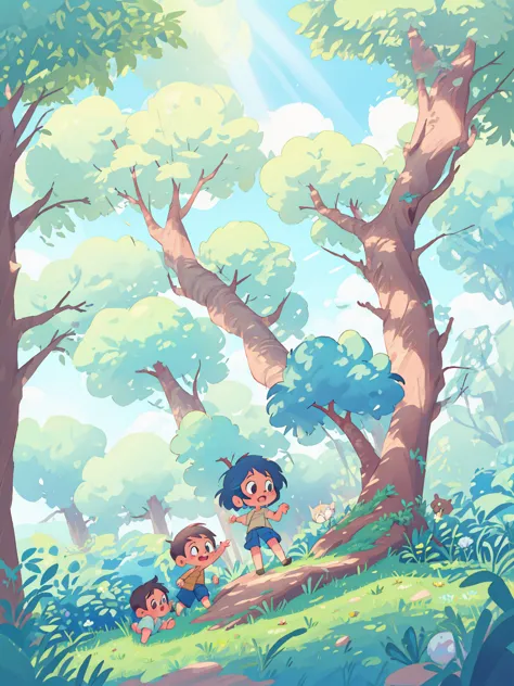 children playing under the old tree, sunlight, blue sky, digital drawing style