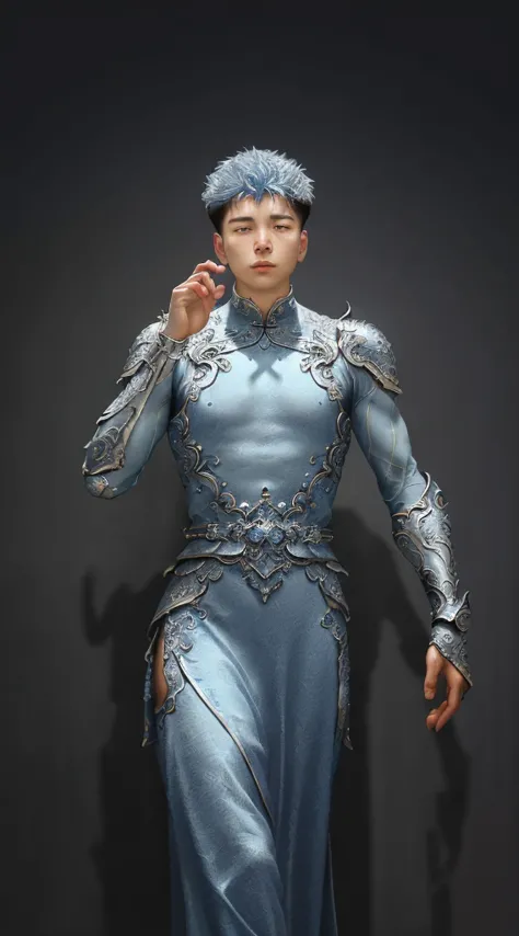 a close up of a young man in a silver and blue dress, chengwei pan on artstation, by Yang J, detailed fantasy art, stunning char...