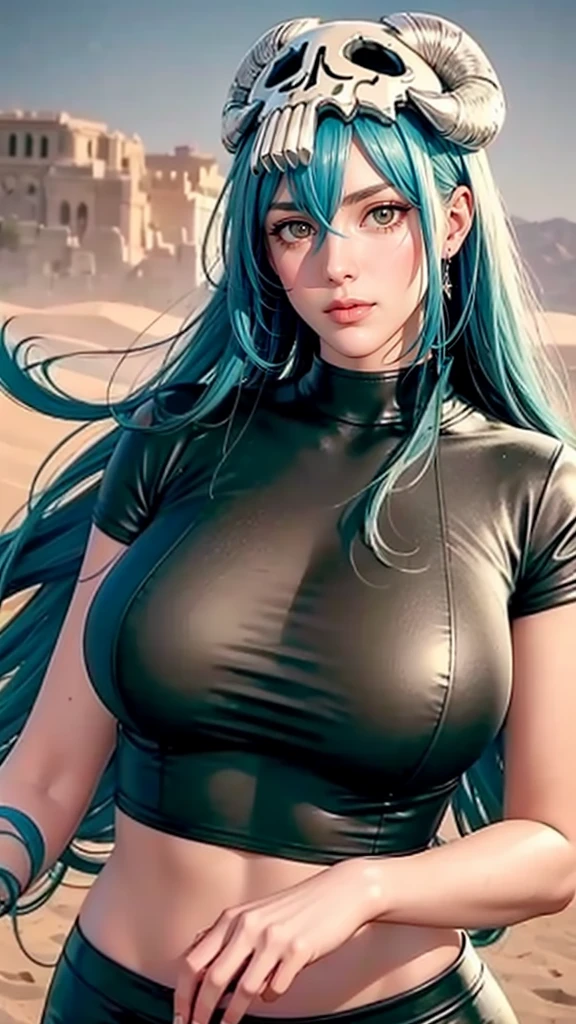 （（（Perfect figure，figure，odelschwanck，green clothes，（（（In the, long hair, facial mark, hair between eyes,  skull,skirt，yellow eyes，underboob,）））型figure:1.7））），((masterpiece)),high resolution, ((Best quality at best))，masterpiece，quality，Best quality，（（（ Exquisite facial features，looking at the audience,There is light in the eyes，Happy，Lol））），（（（Interlacing of light and shadow，huge boobs））），（（（looking into camera，desert background，）））