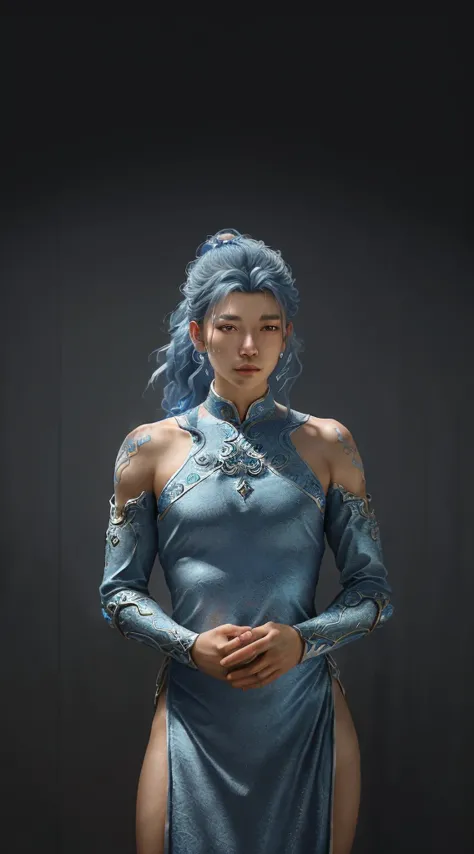 a close up of a young man in a silver and blue dress, chengwei pan on artstation, by Yang J, detailed fantasy art, stunning char...