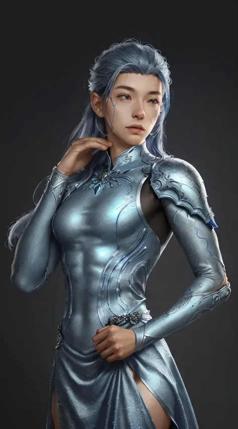 a close up of a young man in a silver and blue dress, chengwei pan on artstation, by Yang J, detailed fantasy art, stunning char...