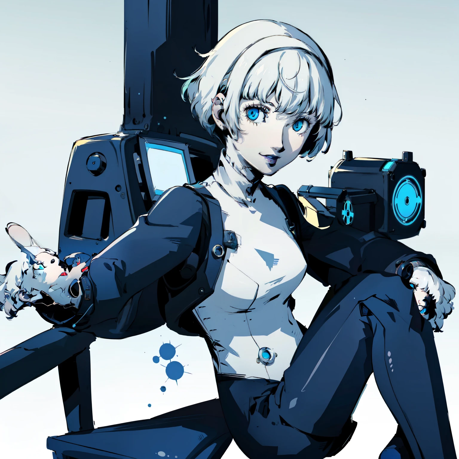 masterpiece, ((best quality)),((1 girl)), blue eyes, Short hair, black lipstick, white hair, female , tomboy Pixie haircut, deep blue suit, white hair, white hair,smiling,hacker,in the,dark room,sitting,looking monitor,cute,blue background