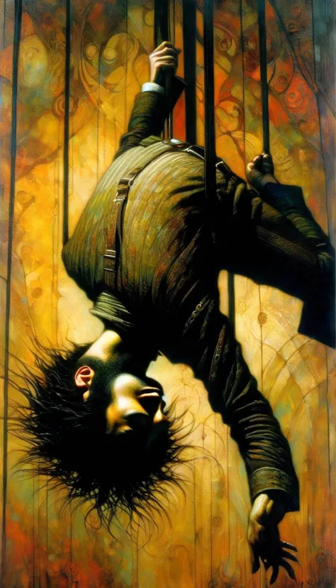 the man hanging upside down, Artwork inspired by Dave Mckean, intricate details, oil painted