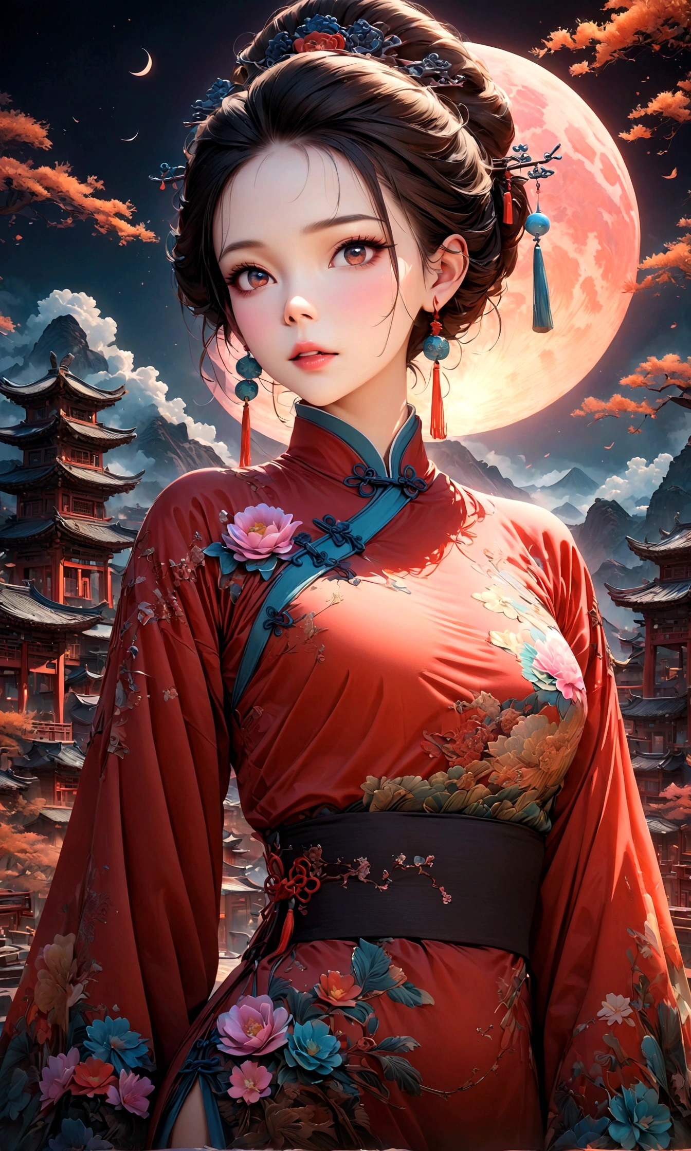 A fantastic view of Chinatown,The warm light of the red lantern,Modern and historic,Fantastic and dreamy landscape,Light,There is a woman in Chinese clothing in the landscape.,She is charming and beautiful、It&#39;s like a symbol of Shanghai night.,Realistic skin texture,Photorealistic,BREAK,Lavishly embroidered Chinese clothing,A masterpiece created by designers,The best configuration,Light and Dark,BREAK,,(masterpiece:1.3),(highest quality:1.4),(ultra detailed:1.5),High resolution,extremely detailed,unity 8k wallpaper,Intricate details,Wide range of colors,artwork,rendering,(masterpiece:1.3),(highest quality:1.4),(Super detailed:1.5),High resolution,Very detailed,unity 8k wallpaper,Draw artistic background,Chinese style,Traditional,Absurd beauty,zentangle,A fantastic and beautiful night in Chinatown,night,Beautiful light and shadow,Sparkling,Chinese clothing
