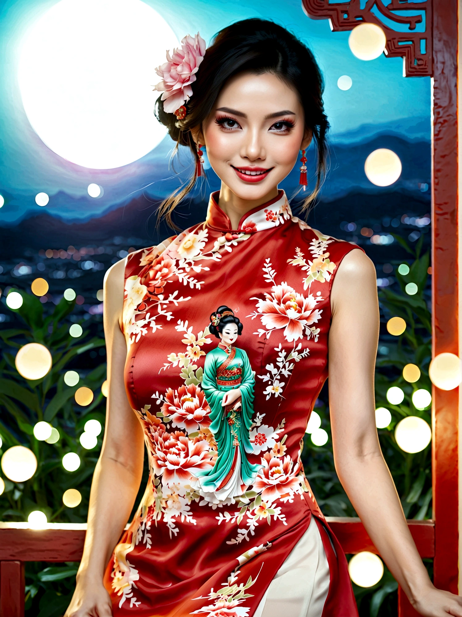 (full-body shot:1.4), Space Art, 1 Cheongsam woman，whole body，Standing，Transparent robotic arm，slim body，Perfect proportions，Exquisite hair accessories，Smile，Transparent mechanical shoes，Oriental elements，(bokeh)，high quality，4K，3d