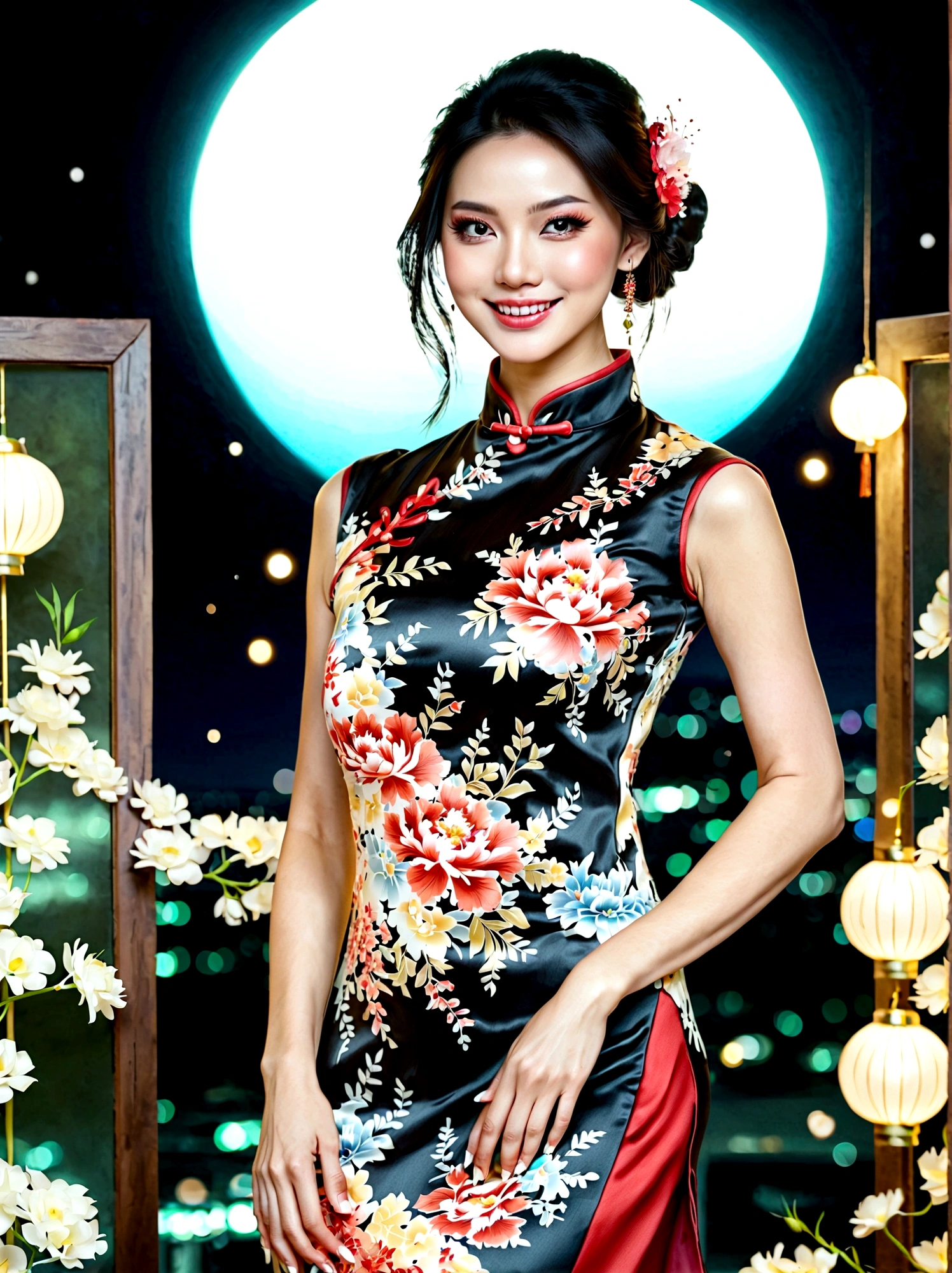 (full-body shot:1.4), Space Art, 1 Cheongsam woman，whole body，Standing，Transparent robotic arm，slim body，Perfect proportions，Exquisite hair accessories，Smile，Transparent mechanical shoes，Oriental elements，(bokeh)，high quality，4K，3d