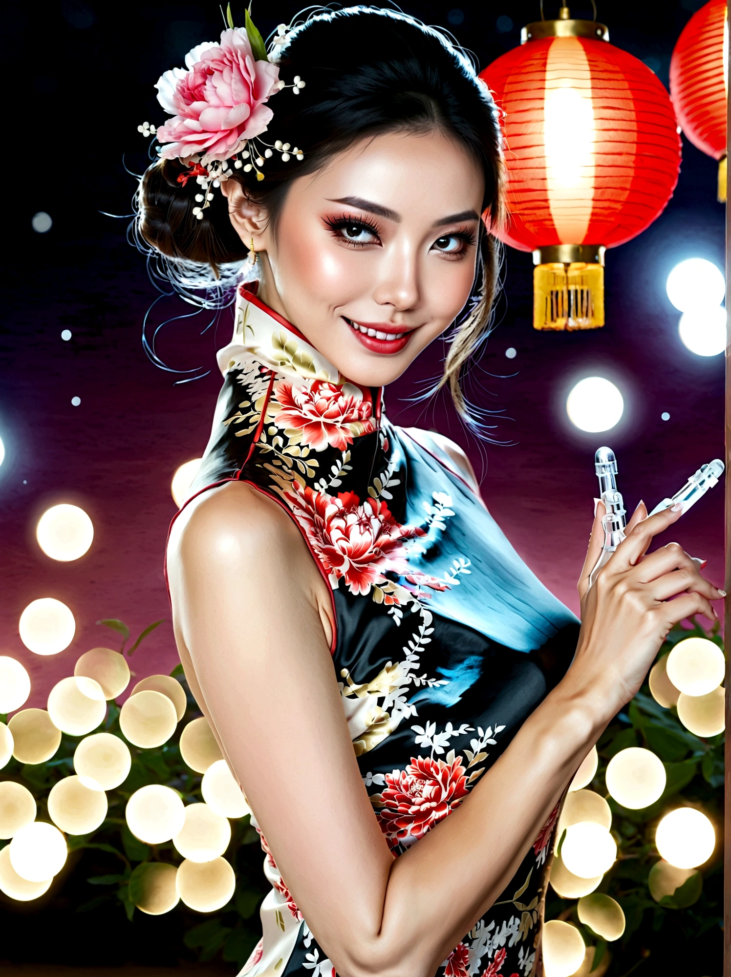 (full-body shot:1.4), Space Art, 1 Cheongsam woman，whole body，Standing，Transparent robotic arm，slim body，Perfect proportions，Exquisite hair accessories，Smile，Transparent mechanical shoes，Oriental elements，(bokeh)，high quality，4K，3d