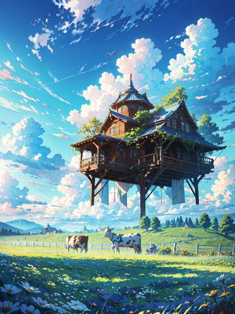 dancing in the blue sky(leviathan:1.1),vision,calm day, detailed clouds, field, grazing cows, flower, a house far away, fence, w...