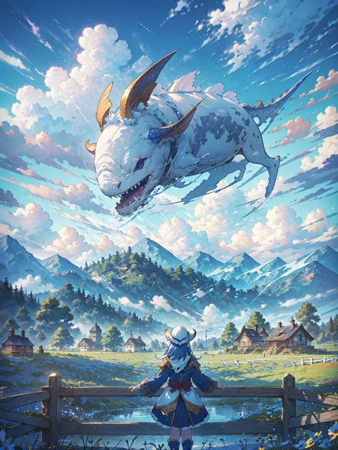 Dancing in the blue sky(Leviathan:1.1),Vision,Calm day, Detailed Clouds, field, Grazing cows, flower, A house far away, fence, w...