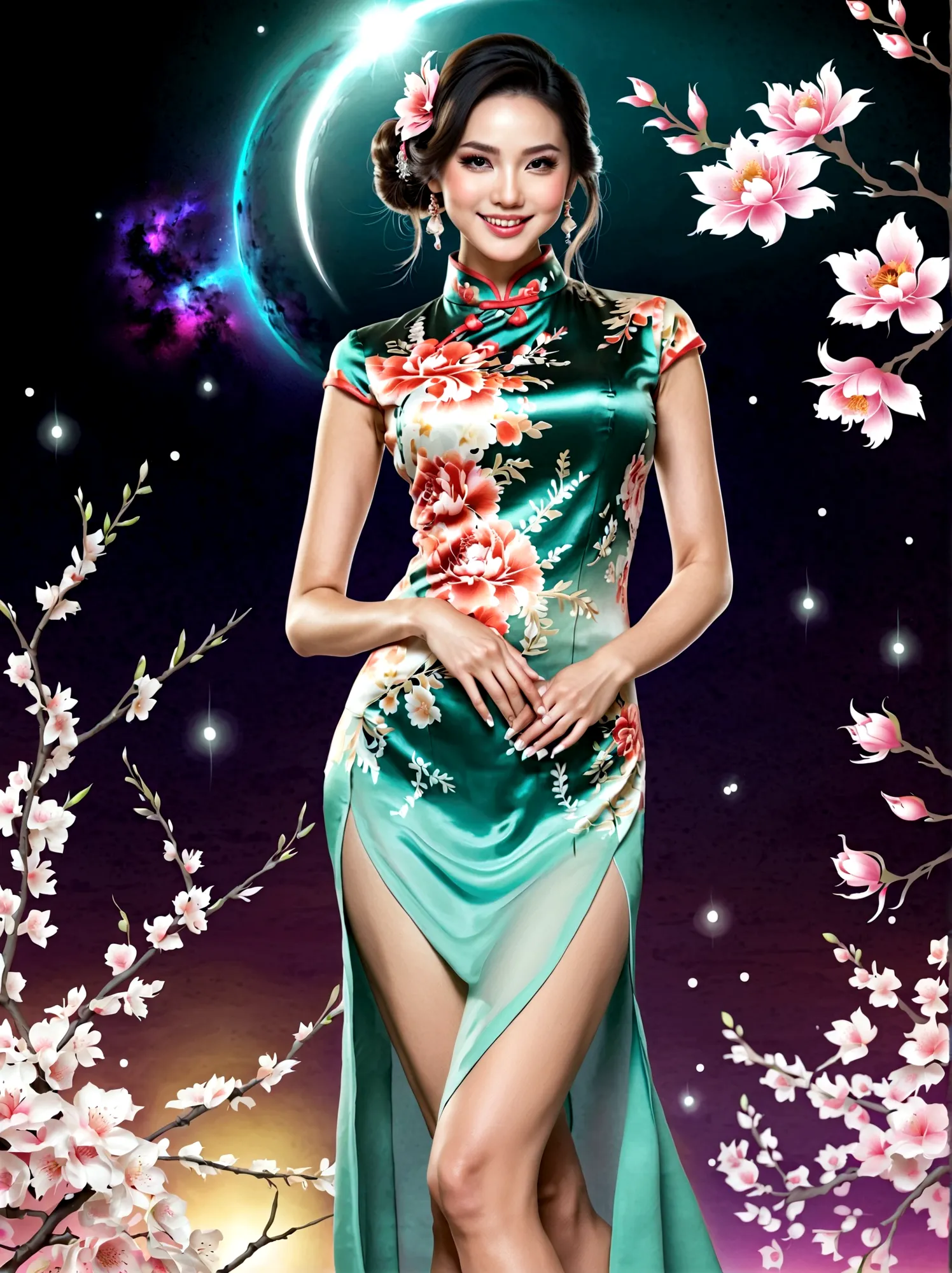 (full-body shot:1.4), Space Art, 1 Cheongsam woman，whole body，Standing，Transparent robotic arm，slim body，Perfect proportions，Exq...