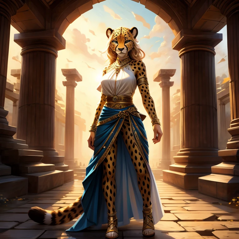 Masterpiece, best quality, one anthro cheetah girl, furry, temple, white skin, motted cheetah patern, has Brown eyes, best eyes, wears long Blue skirt