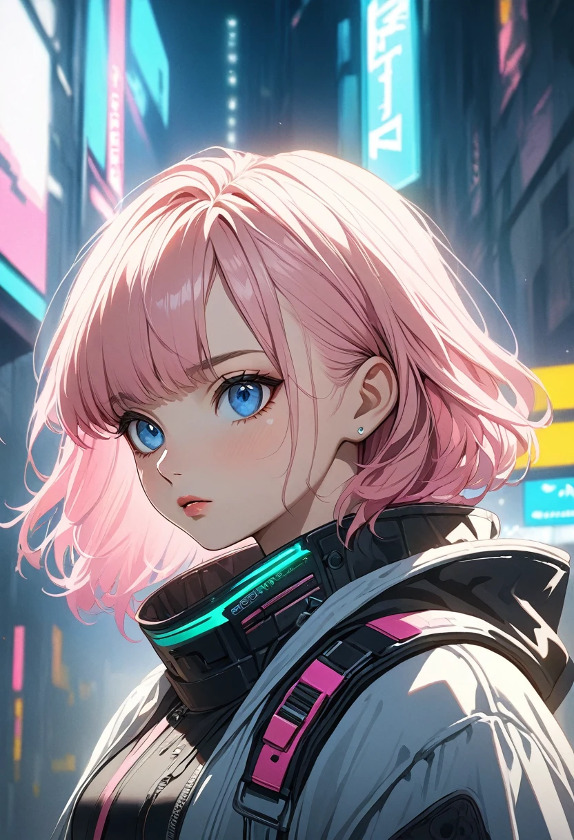 woman, Realistic characters, Green hair and pink hair, blue eyes, anime, alone, Modern, cyber punk