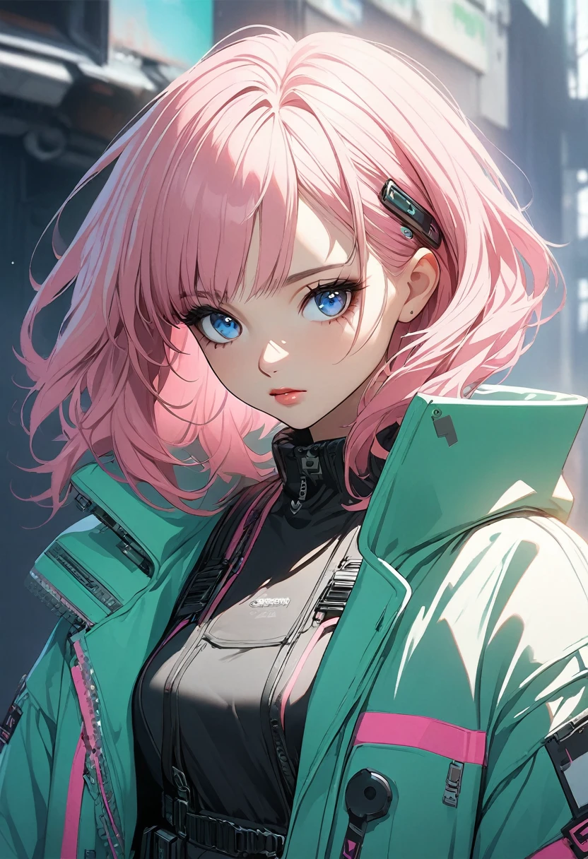 woman, Realistic characters, Green hair and pink hair, blue eyes, anime, alone, Modern, cyber punk