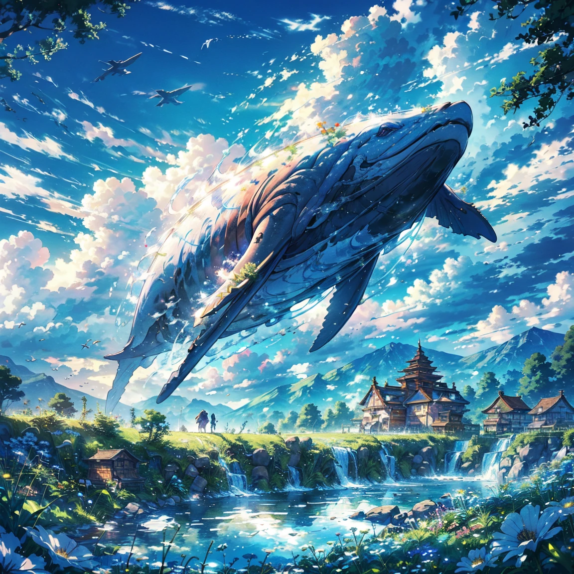 Leviathan flying in the blue sky,Imagine,a peaceful day, Detailed clouds, site, Grazing cows, flower, House in the distance, Fence, wood,Excellent