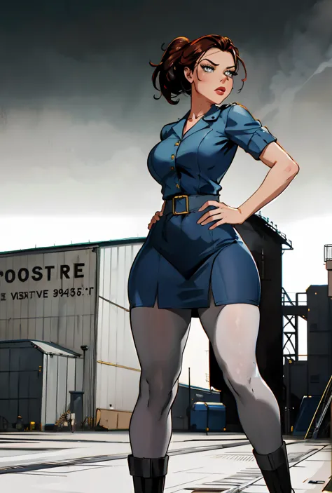 A Rosie the Riveter-inspired pin-up, her outfit and pose echoing the iconic image, set against a backdrop of a 1940s factory, th...