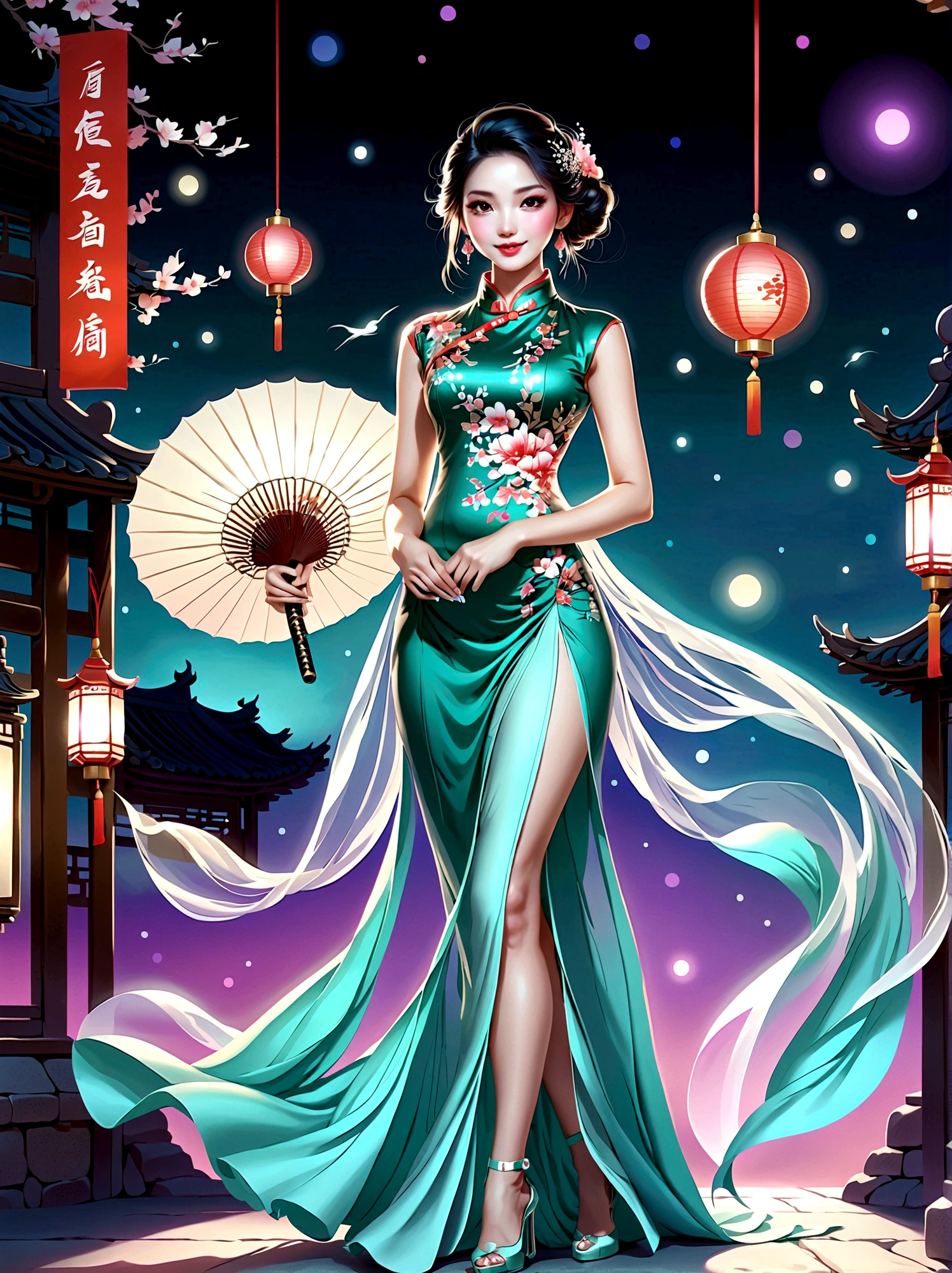 (full-body shot:1.4), Space Art, 1 Cheongsam woman，whole body，Standing，Transparent robotic arm，slim body，Perfect proportions，Exquisite hair accessories，Smile，Transparent mechanical shoes，Oriental elements，(bokeh)，high quality，4K，3d