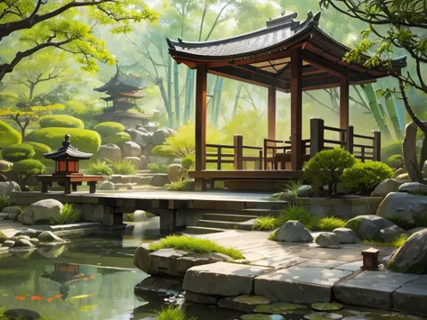 a serene zen garden, koi pond, stone bridges, bamboo trees, pagoda, Japanese lanterns, zen meditation, minimalistic landscape, t...