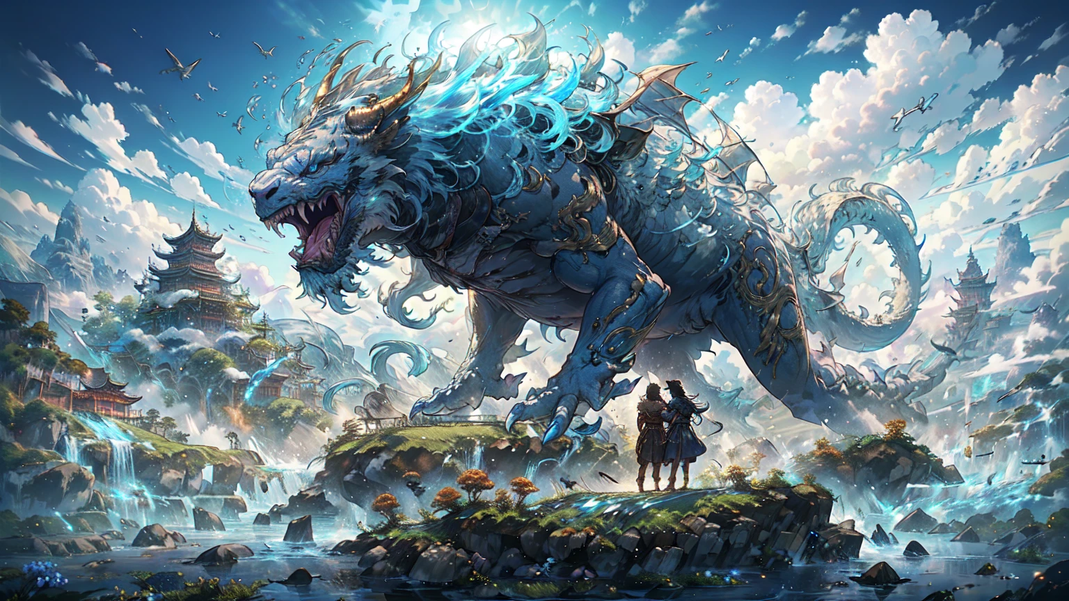 Dancing in the blue sky(Leviathan:1.1),Vision,Calm day, Detailed Clouds, field, Grazing cows, flower, A house far away, fence, wood,well, dream, Fantasy, Lion, tiger, dragons, monsters, sharp tea, ride, dahuangdongjing