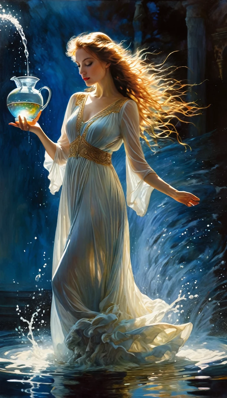 A beautiful angelic woman passing water from one jug to another, intricate details, oil painting, vibrant colors, masterpiece, highly detailed, photorealistic, cinematic lighting, dramatic, renaissance, chiaroscuro, dramatic lighting, ethereal, heavenly, divine, glowing skin, flowing hair, elegant dress, swirling water, dramatic pose, majestic, awe-inspiring, Bill Sienkiewicz