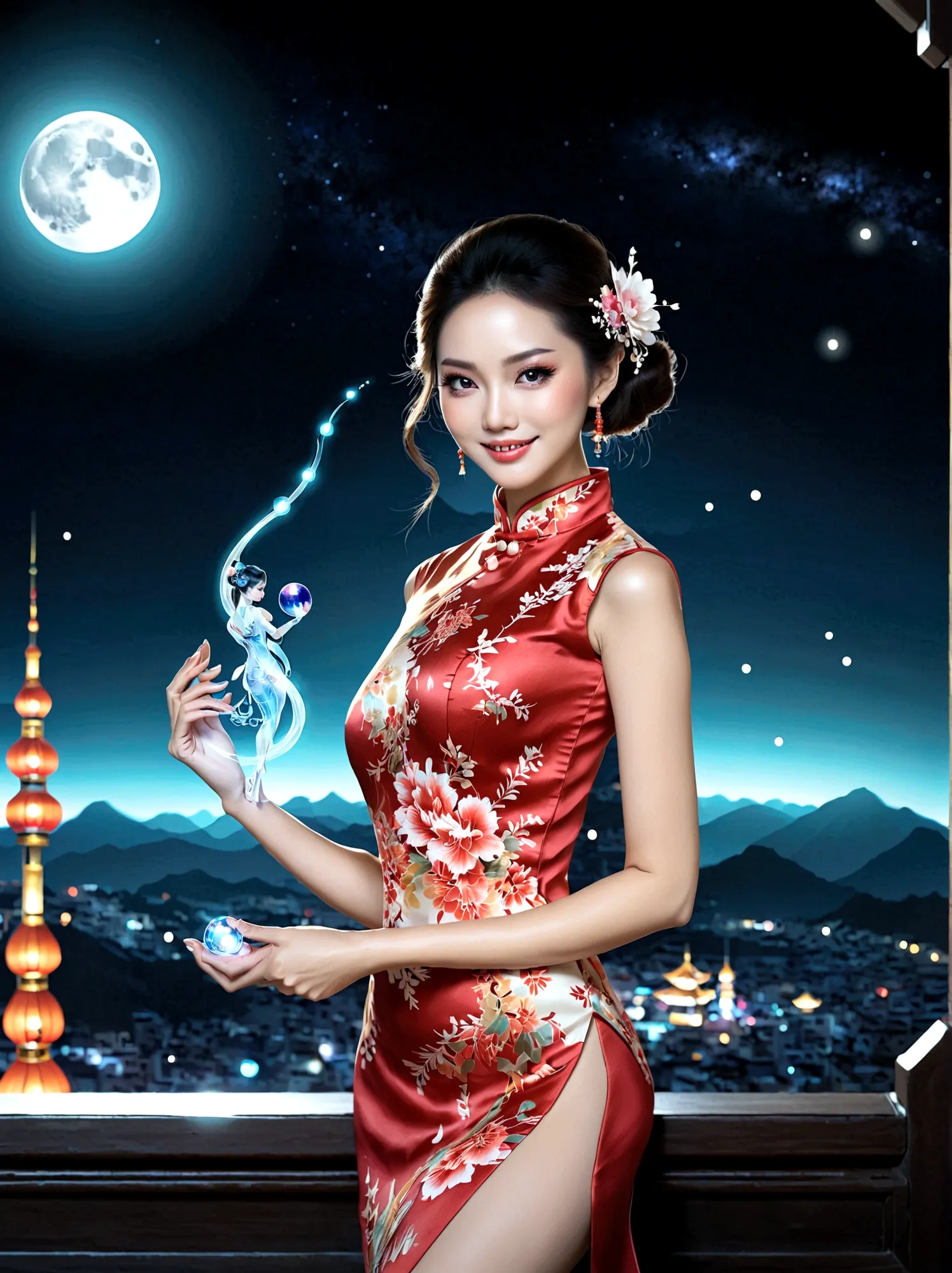 (full-body shot:1.4), space art, 1 cheongsam woman，whole body，standing，transparent robotic arm，slim body，perfect proportions，exq...