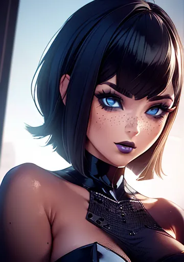 extravagant busty girl naked gothic makeup voluminous lips big blue eyes freckles on the face, bob style cut with bangs and beau...