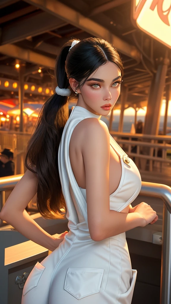 gorgeous Italian model, looks like Madison Beer, (mature woman), ((full lips)), very big lips, full lips, ((extra big lips)), increased lips, (light green beautifull eyes), very confident face expression, long eyelashes, long oval face, (((square cheekbones))), (sharp cheekbones, sharp cheek, square cheek,) ((slim face)), strict face, medium length black hair, straight hair, perfect hair, shiny face, pale face, ((wide hips)), narrow waist, big breasts, fit ass, gorgeous light, ((white naked overalls)), hair in a ponytail, late evening, (santa monica pier), araffe rides on a roller coaster on a beach near a boardwalk, santa monica beach, amusement park attractions, ((roller coasters)), ((front view))