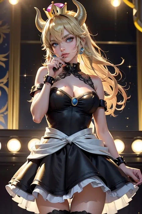 bowsette, ornament hair, crown, horns, perfectly body, perfectly hands, wave hair, blonde hair, long hair, blue eyes, black dres...