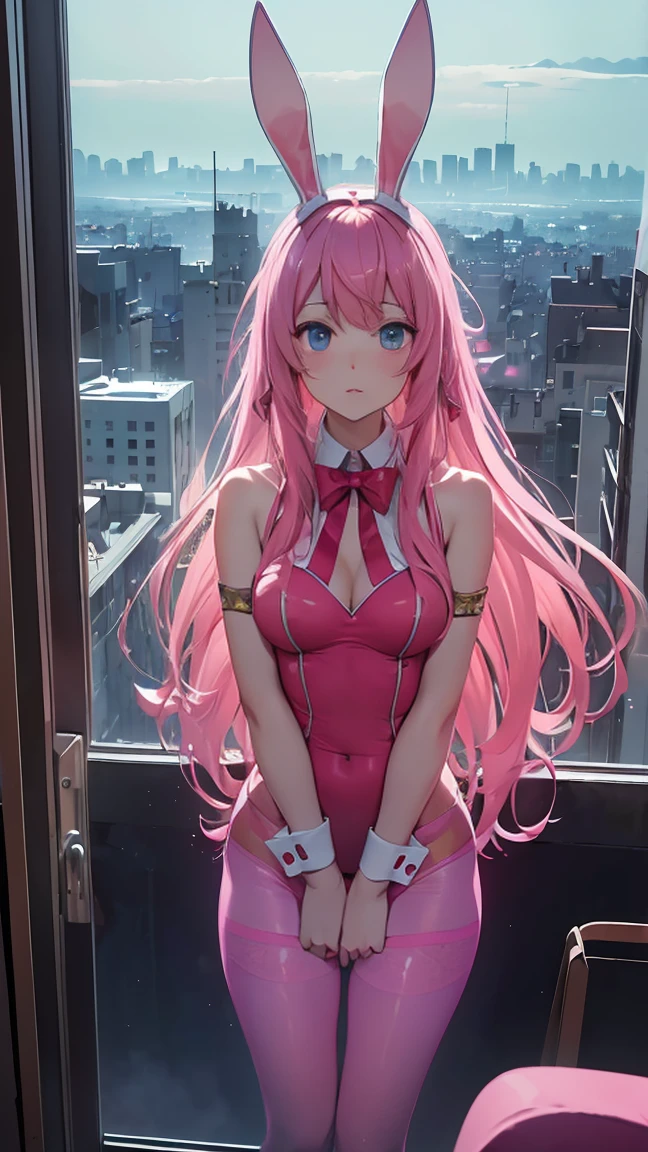 ((best quality)), ((masterpiece)), (detailed), perfect face, perfect body, 1girl, red long hair, cyan eyes, ((pink. bunny girl)), ((pantyhose)), ((Seeing the girl front body)), sex poses, naughty poses, sex girl, the girl in her bedroom hotel, windows from hotel bedroom showing the city in night in background
