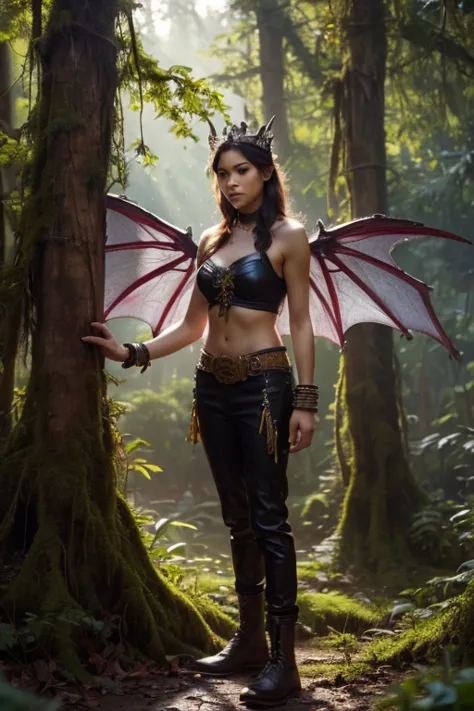 a young woman, young girl, queen borneo forest, strange, contains secrets, a mysterious creature, has big bat wings, pitch black...