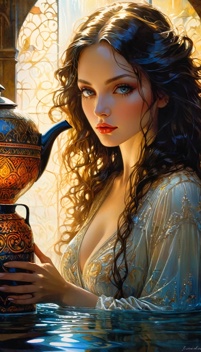 a beautiful angelic woman passing water from one jug to another, intricate detailed oil painting, vivid colors, dramatic lighting, hyperrealistic, stunning composition, Bill Sienkiewicz art style, masterpiece, 8k, highly detailed, photorealistic, sharp focus, physically-based rendering, extreme detail description, professional, vibrant colors, beautiful detailed eyes, beautiful detailed lips, extremely detailed face, long eyelashes, elegant pose, serene expression, glowing skin, flowing hair, dramatic chiaroscuro, warm color palette, dramatic shadows, highlights, translucent water, ornate jugs, intricate pattern, atmospheric, moody, cinematic