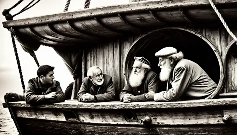 sailors talking to a sleeping old man inside a wooden ship