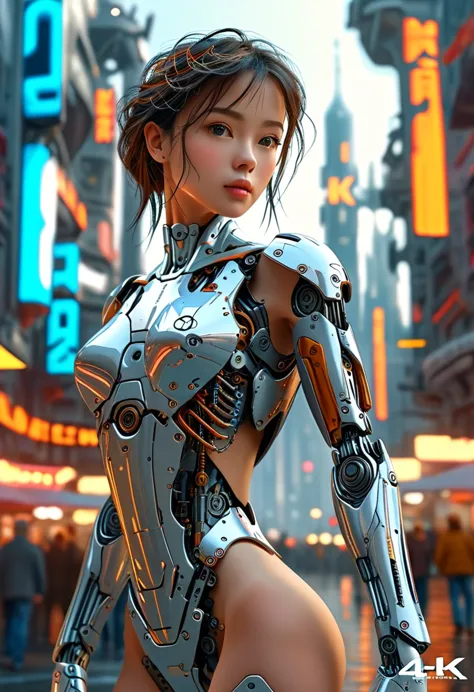 a beautiful woman-robot standing in a futuristic city backdrop, detailed intricate mechanical parts seamlessly blended with a sl...