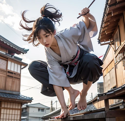 Japanese woman in kimono landing on roof、Acrobatics、Twisting the body、Serious expression、Place your left hand on the ground、Extend your right hand back、Collapsed Japanese house、Parkour-like movements、Tie your hair back、Sober kimono、Ninja Style