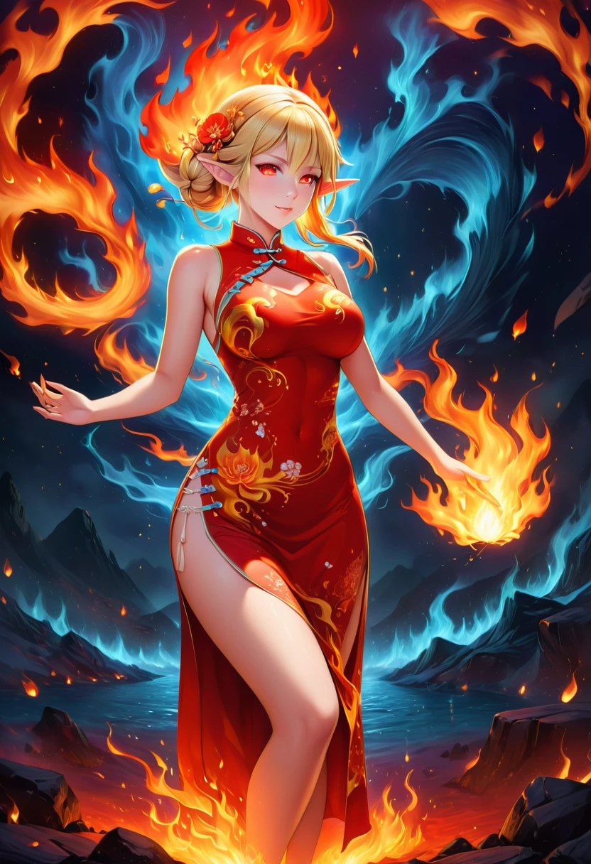 igh details, best quality, 16k, [ultra detailed], masterpiece, best quality, (extremely detailed), full body, ultra wide shot, photorealistic, fantasy art, dnd art, rpg art, realistic art, an ultra wide picture of a female elf (intricate details, wearing fiery (white Cheongsam with flames rising from the Cheongsam, studded with red diamonds: 1.5), goddess of fire ((fiery radiant aura)), controlling a swirling red fire, fiery red radiant magic (1.5 intricate details, Masterpiece, best quality), manipulating purple radiant magical symbols, [[divine symbols]] (intricate details, Masterpiece, best quality: 1.5), elf female, (blond hair: 1.3), long hair, hair with aura, with red radiant eyes, intense eyes, (( red glowing eyes: 1.3)), she wears Cheongsam with fiery patterns, (the fire leaps from the patterns on Cheongsam into live fire: 1.3), fantasy volcano back ground, streams of lava, dynamic background, high details, best quality, highres, ultra wide angle, faize, diam0nd, fire that looks like..