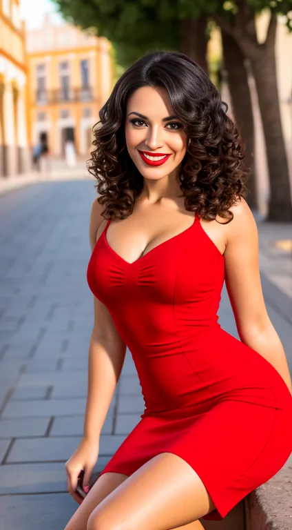 Image in 8k or higher of a beautiful Spanish brunette with curly black hair full body ,warm smile with beautiful red lipstick.ci...