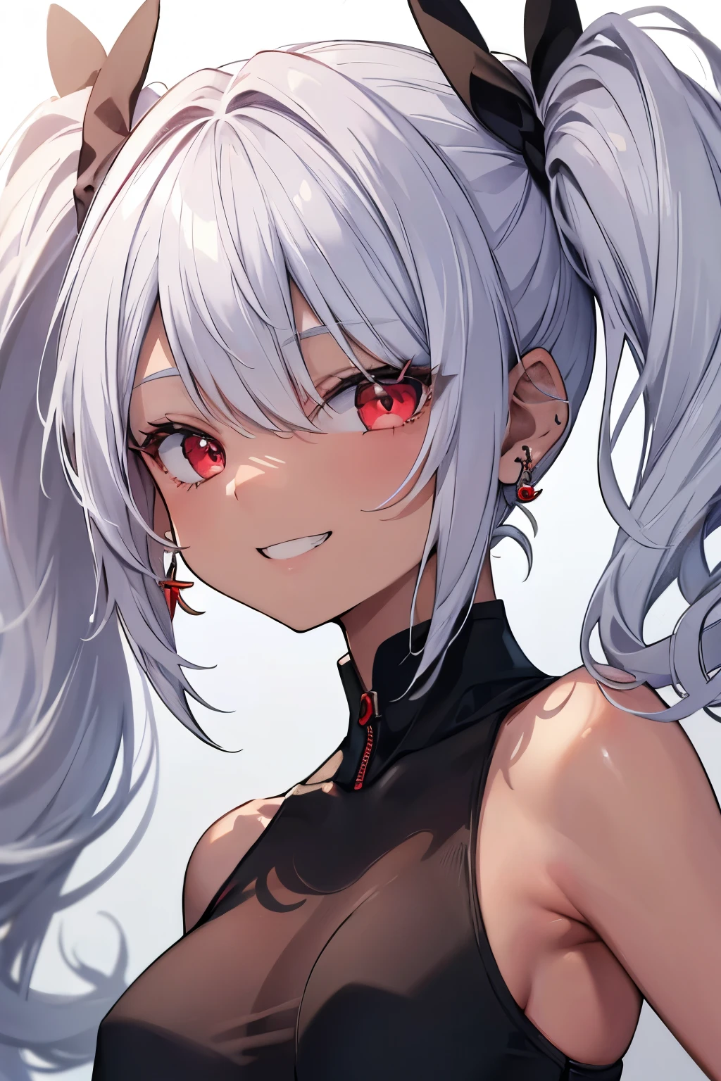 (8K、Best image quality、Highest quality、masterpiece)、Detailed face、1 Girl、Silver Hair、Twin tails、Red eyes、After sunburn、Earrings、Wicked Smile、teeth、Grin、((Brown Skin:1.0))、Small breasts、