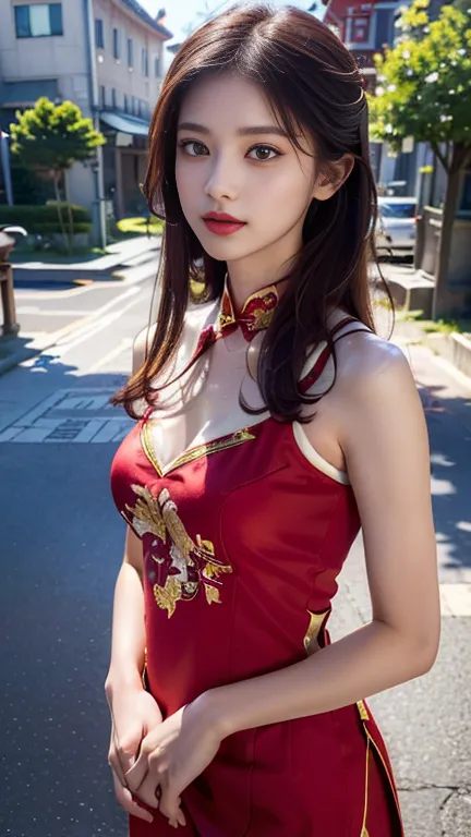 Street view, (((The adorable and cute face of a 14-year-old))), front, Portraiture, (Small and slim body type), (Slender body li...