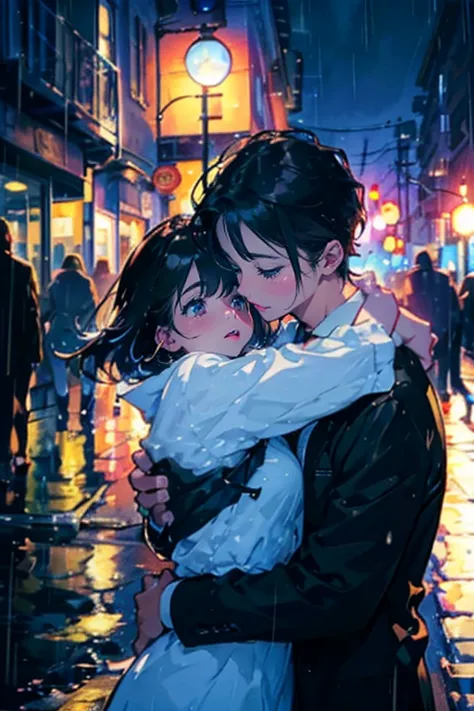 1girl and 1boy,upper body,at night,rainy,wet,hug,bright background,water splashes,