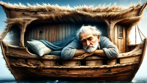 an old man sleeping inside a wooden ship, ancient