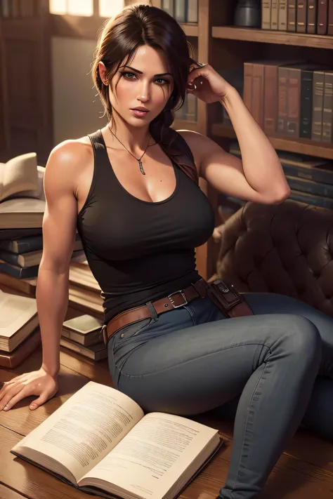 Lara Croft reading an archeology book at the library of the University College of London, wearing a dark grey shirt and long bla...