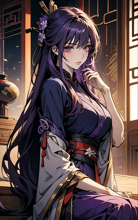 1 women, raiden shogun - genshin impact, long purple hair, violet eyes, violet chinese clothes, ultra long skirt, sitting at a t...