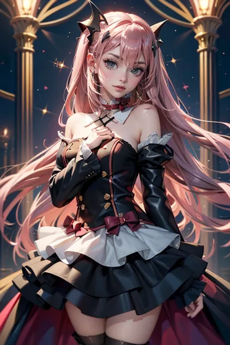 krul tepes, ornament hair, vampir girl, perfectly body, perfectly hands, wave hair, pink hair, long hair, blue eyes, black dress...