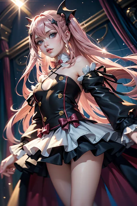 krul tepes, ornament hair, vampir girl, perfectly body, perfectly hands, wave hair, pink hair, long hair, blue eyes, black dress...